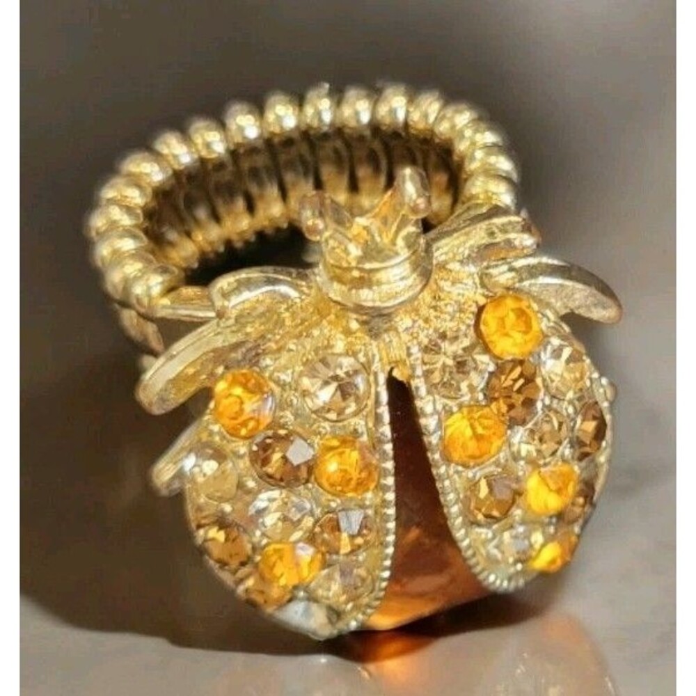 Lady Bug Ring Amber Crystal Gold Statement Stretch Insect Bug Scarab Beetle